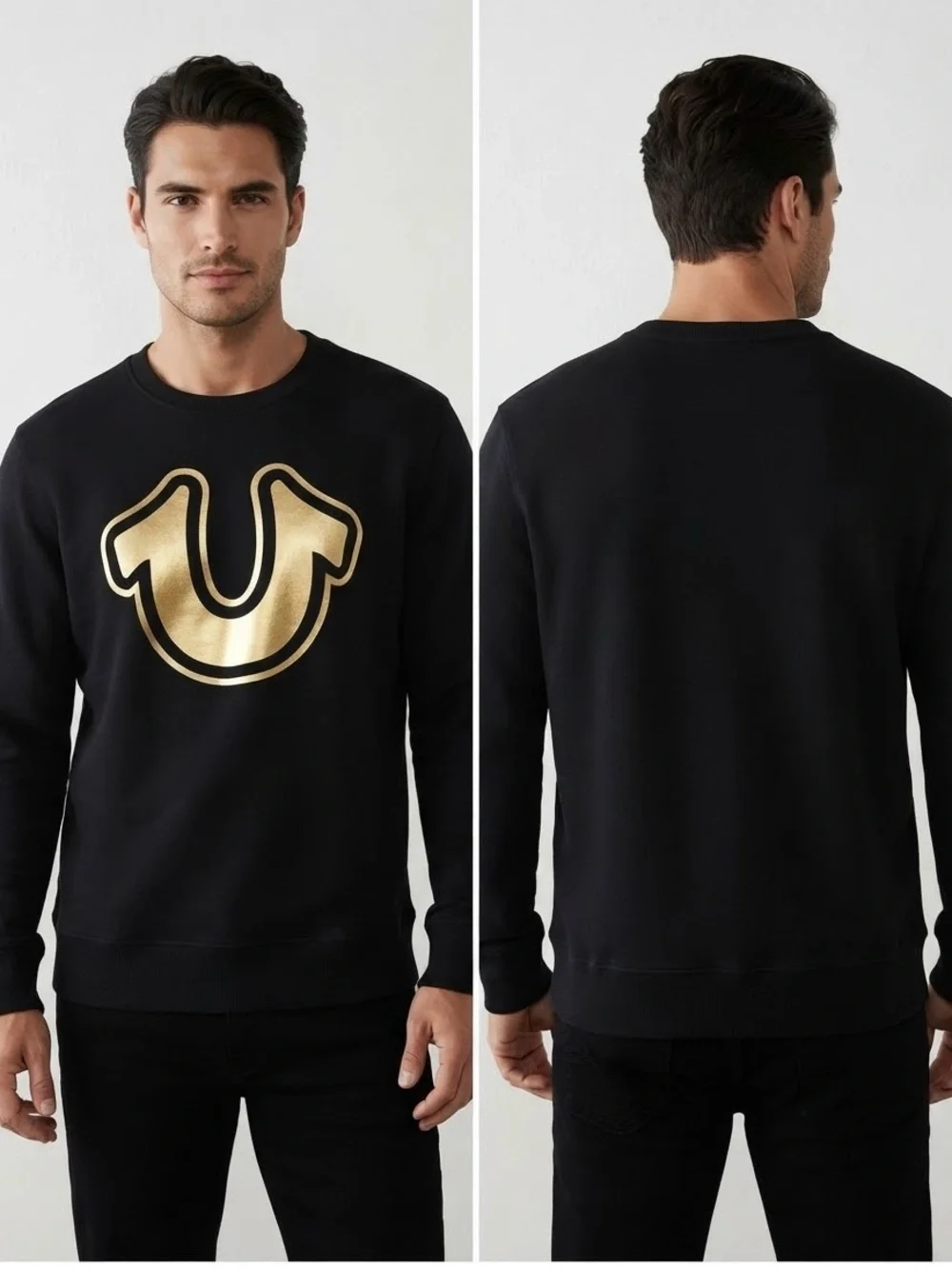 True Religion Men’s Black Crewneck Sweatshirt with Gold Horseshoe Logo
